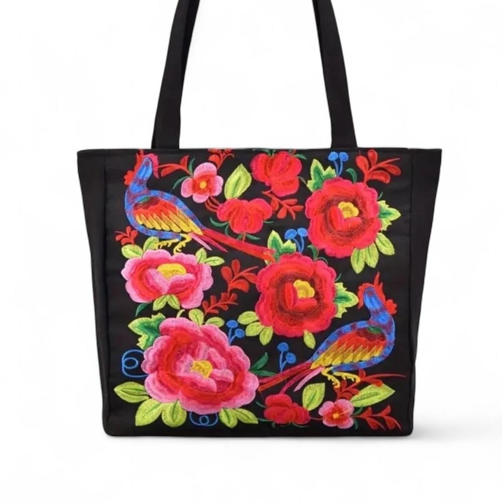 Embroidered Tote Bag with Zipper Closure and Inside Pocket